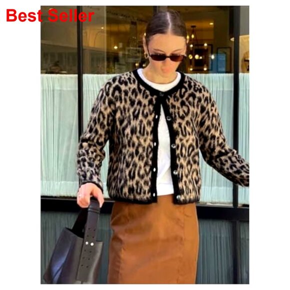 Leopard Print Cardigan Sweater, Button Down Fuzzy Knit, Long Sleeve Women's - Picture 3 of 6